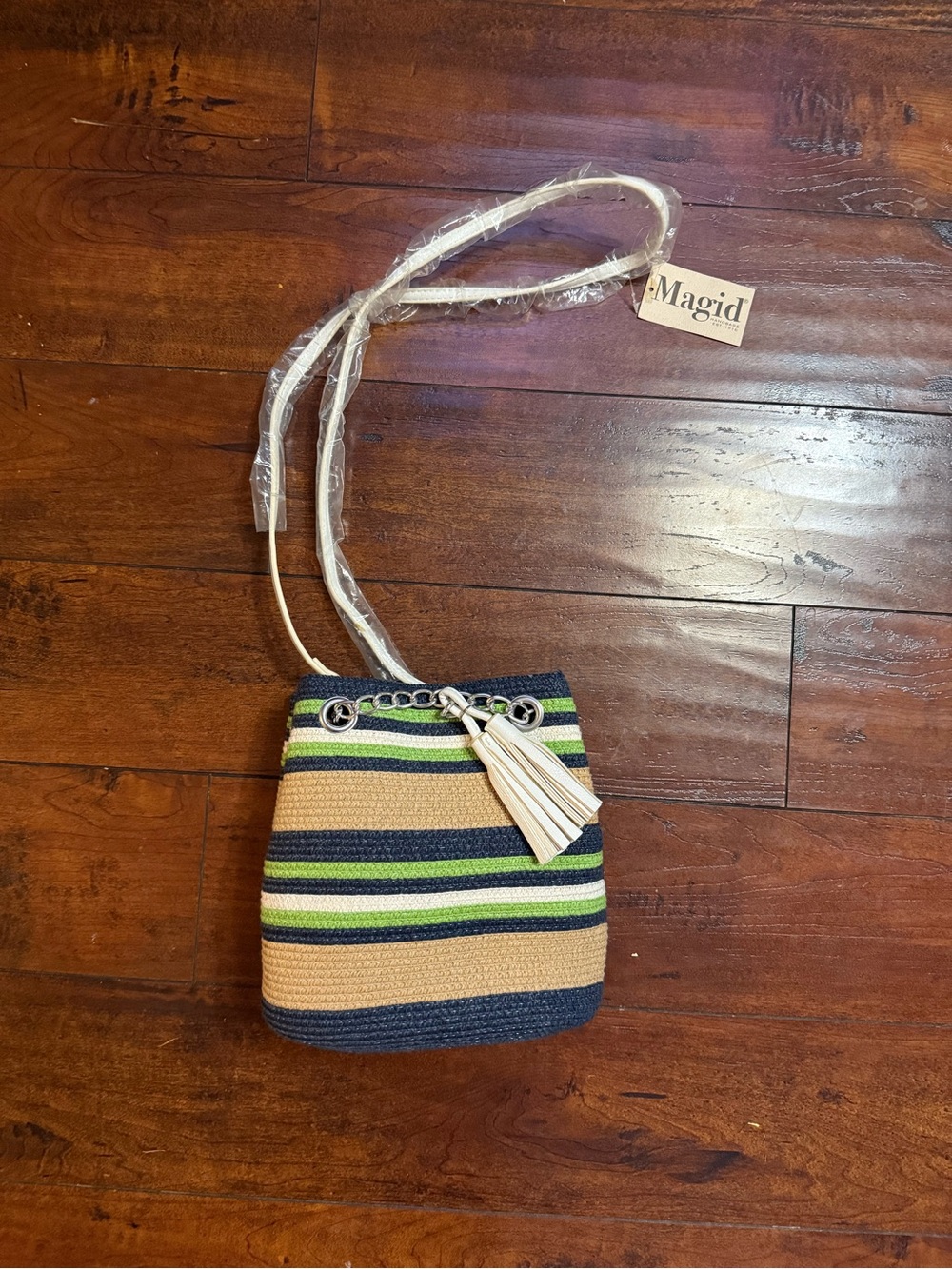 Magid Navy, Tan & Green Striped Woven Crossbody Handbag